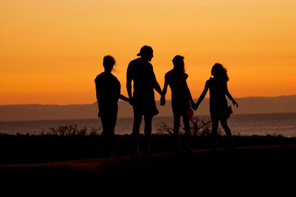 Four people are holding hands and walking outdoors at sunset, silhouetted against an orange sky.