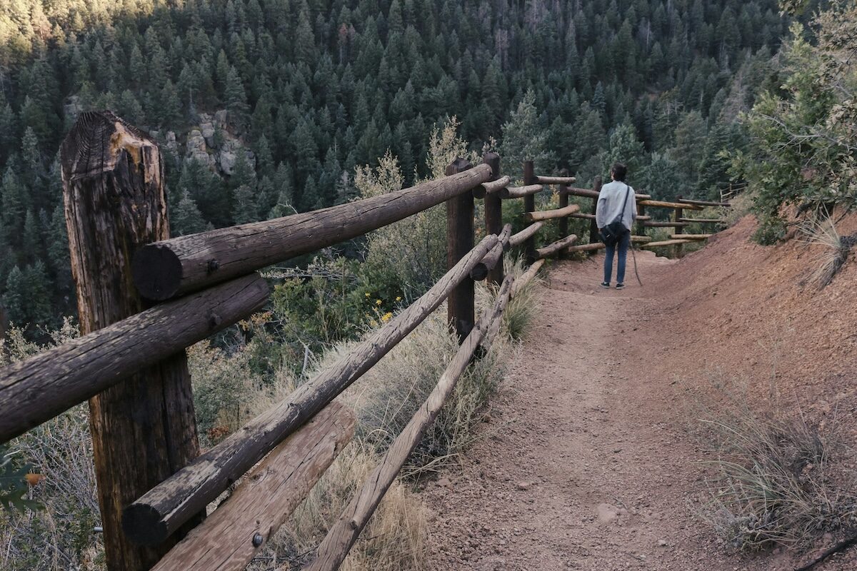 A person walks alone on a dirt trail bordered by a wooden fence, surrounded by dense forest on a hillside.