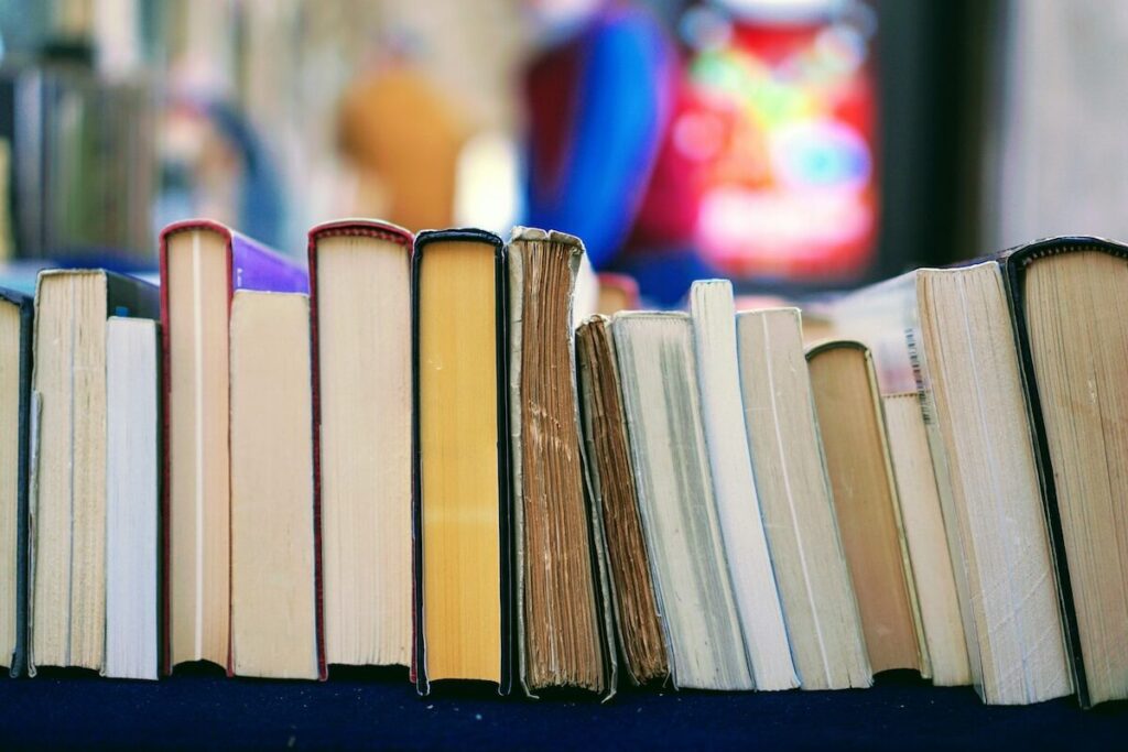 A row of books standing upright on a surface, viewed from the side with spines and pages visible.