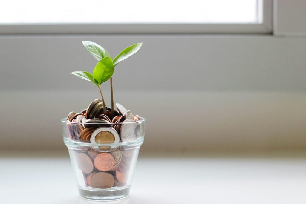 A small green plant growing in a glass filled with assorted coins, placed on a white surface near a window.