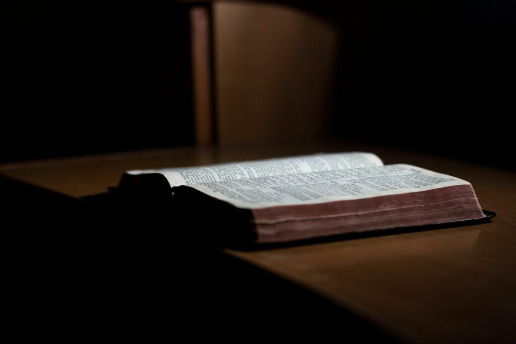 An open book lies on a wooden surface, illuminated by a focused light in an otherwise dimly lit room.