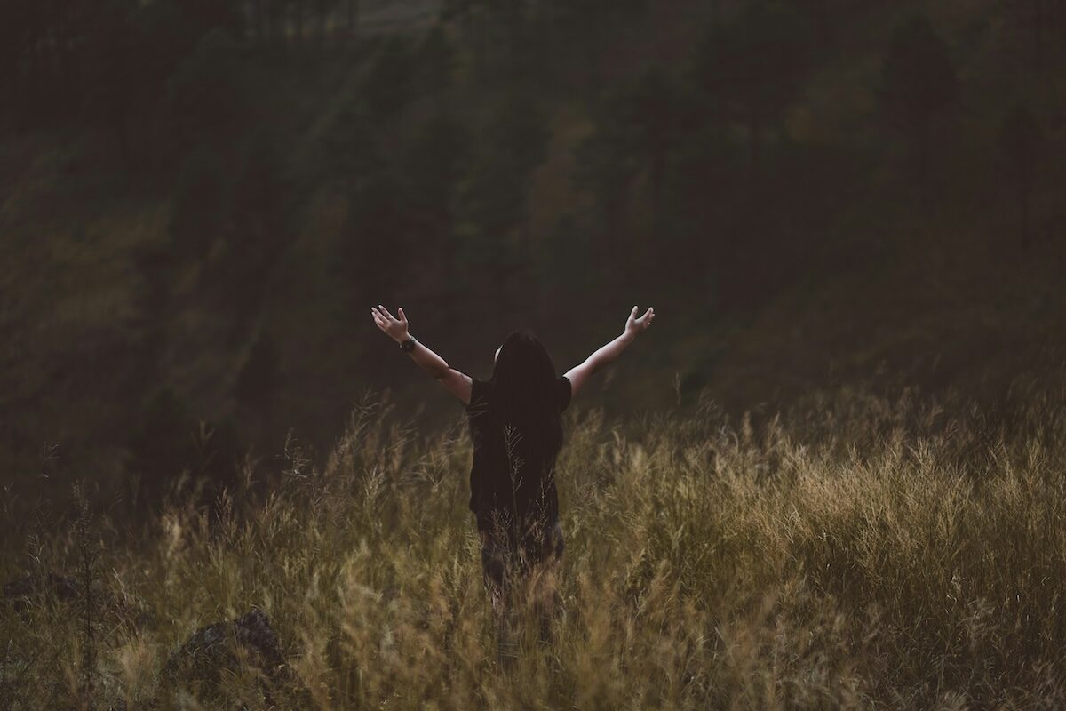 A person stands in a grassy field with arms raised, facing away toward a dimly lit, tree-covered background.