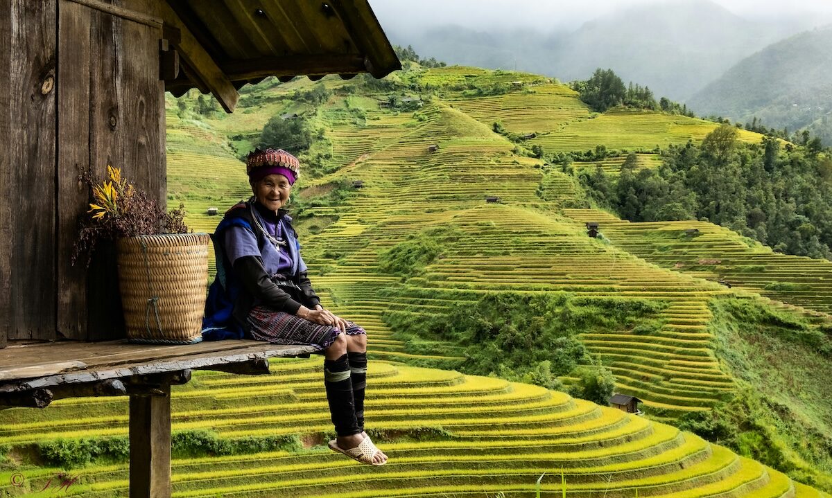 A person sits on the edge of a wooden structure overlooking green terraced rice fields on a hillside under a cloudy sky.