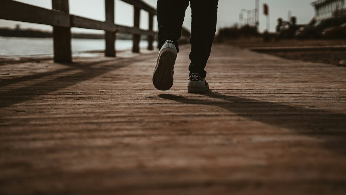 A person walks along a wooden boardwalk near water, with a fence on one side and the shoreline visible in the background.