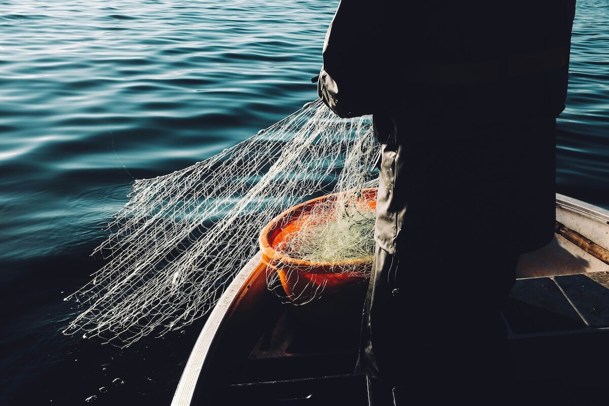 A person standing on a boat holds a fishing net over the water, with a round orange container nearby.