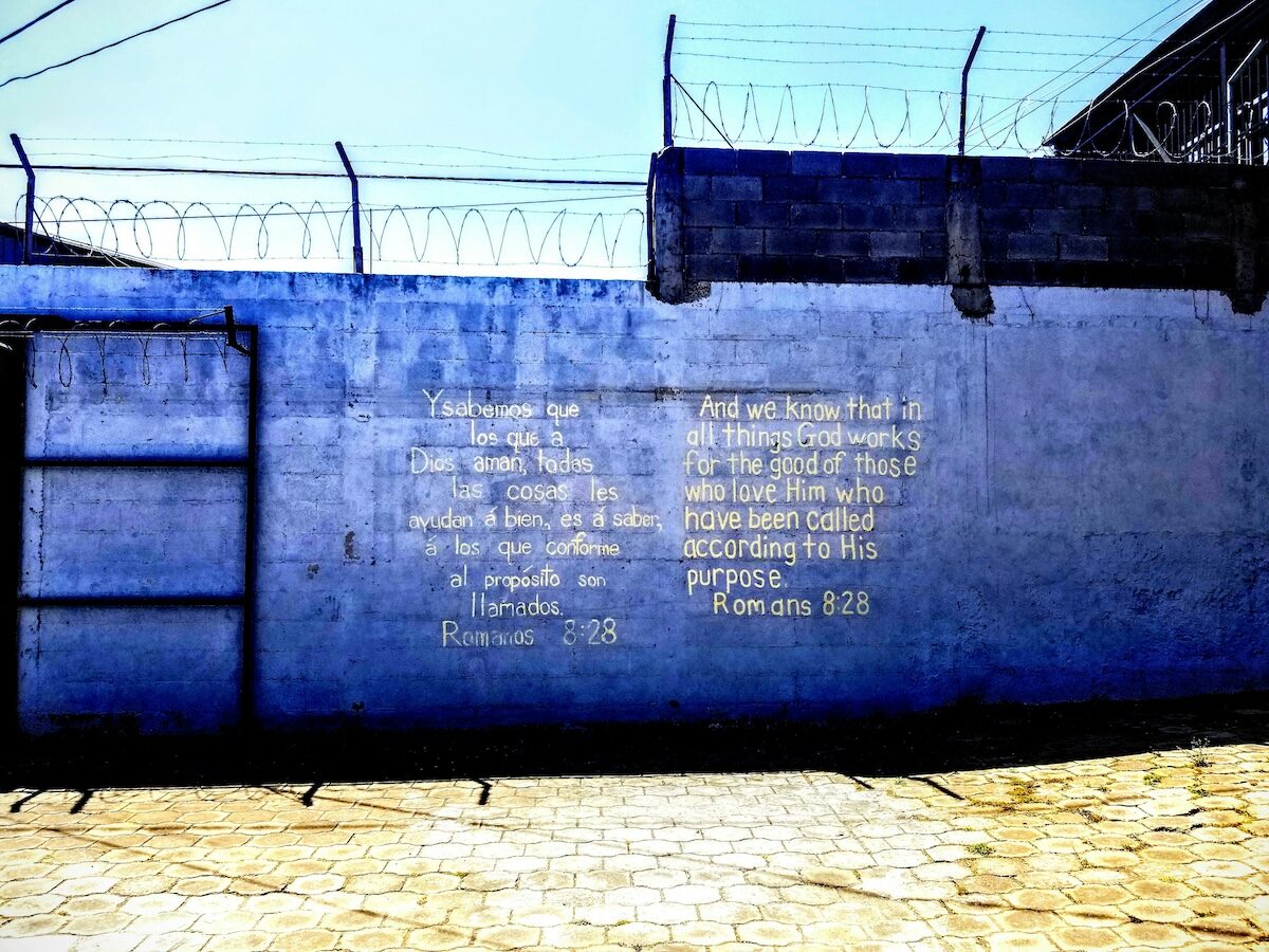 A blue wall topped with barbed wire displays painted Bible verses from Romans 8:28 in yellow text. A metal ladder leans against the left side of the wall.