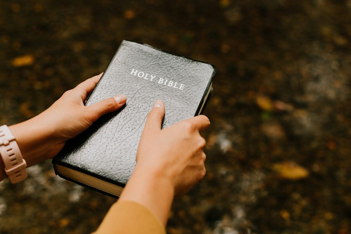 Person holding a closed black Holy Bible with both hands outdoors, with a brown, blurred background.