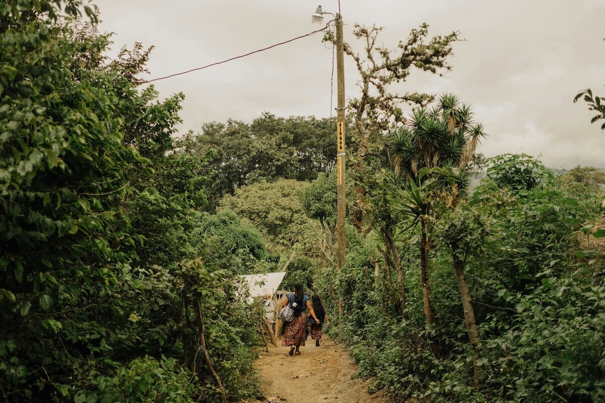 A narrow dirt path leads through dense green foliage toward a small house in the distance, with two people walking along the trail under a cloudy sky and a utility pole overhead.