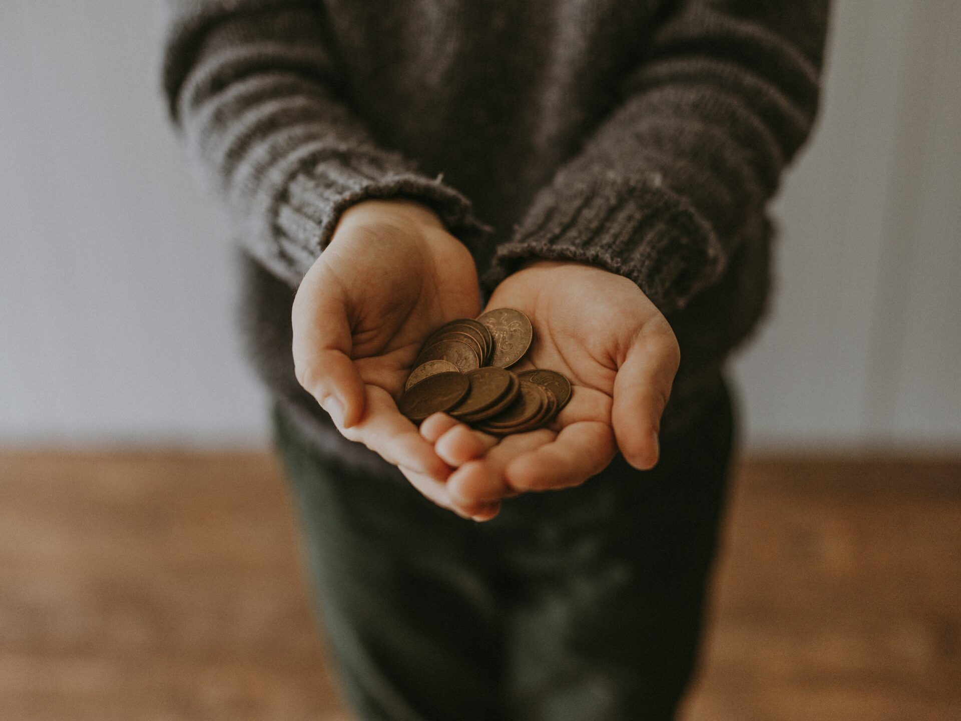 A person wearing a brown sweater holds several coins in both hands, with their arms extended forward.