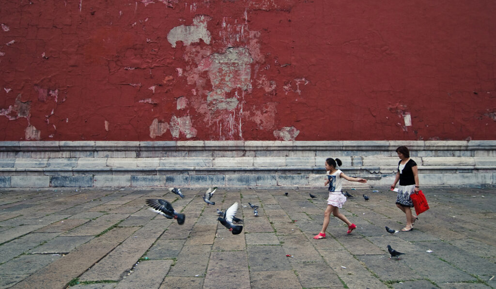 A young girl in Asia runs after birds while her mother follows her.