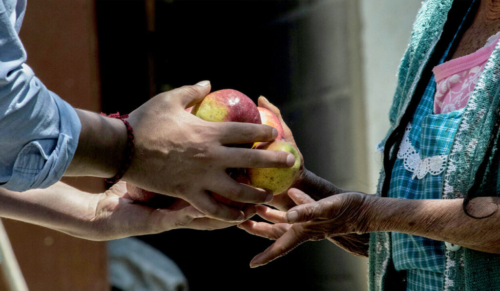 A man in a blue shirt hands some apples to an elderly woman.