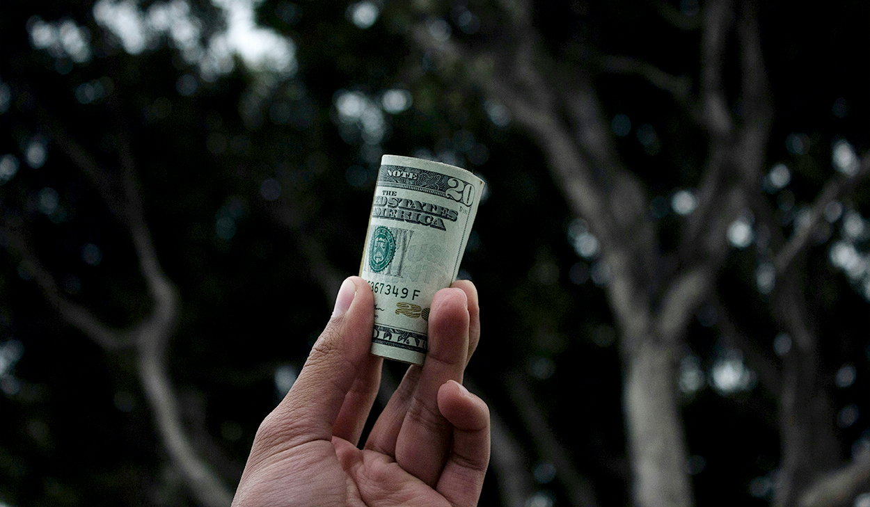 A man holds up a roll of $20 bills. Trees are in the background.
