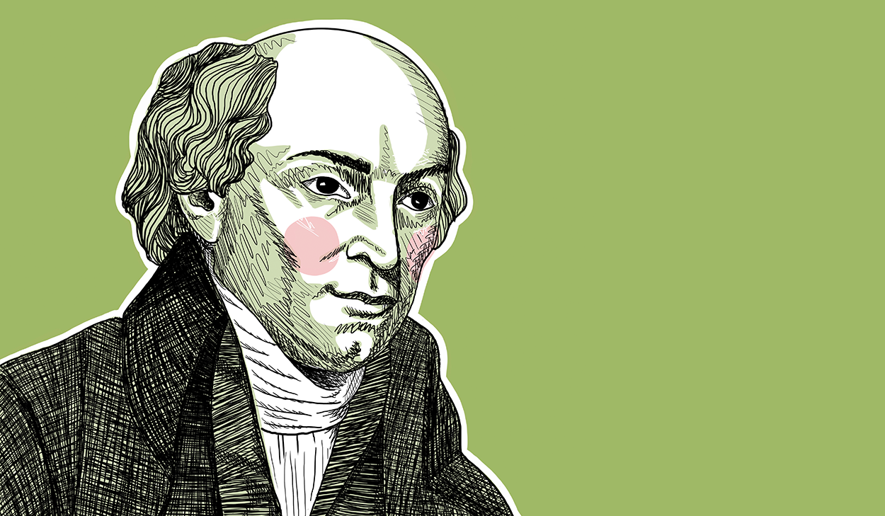 Illustration of a man with thinning hair, sideburns, and formal clothing, on a green background with a white outline and rosy cheeks.