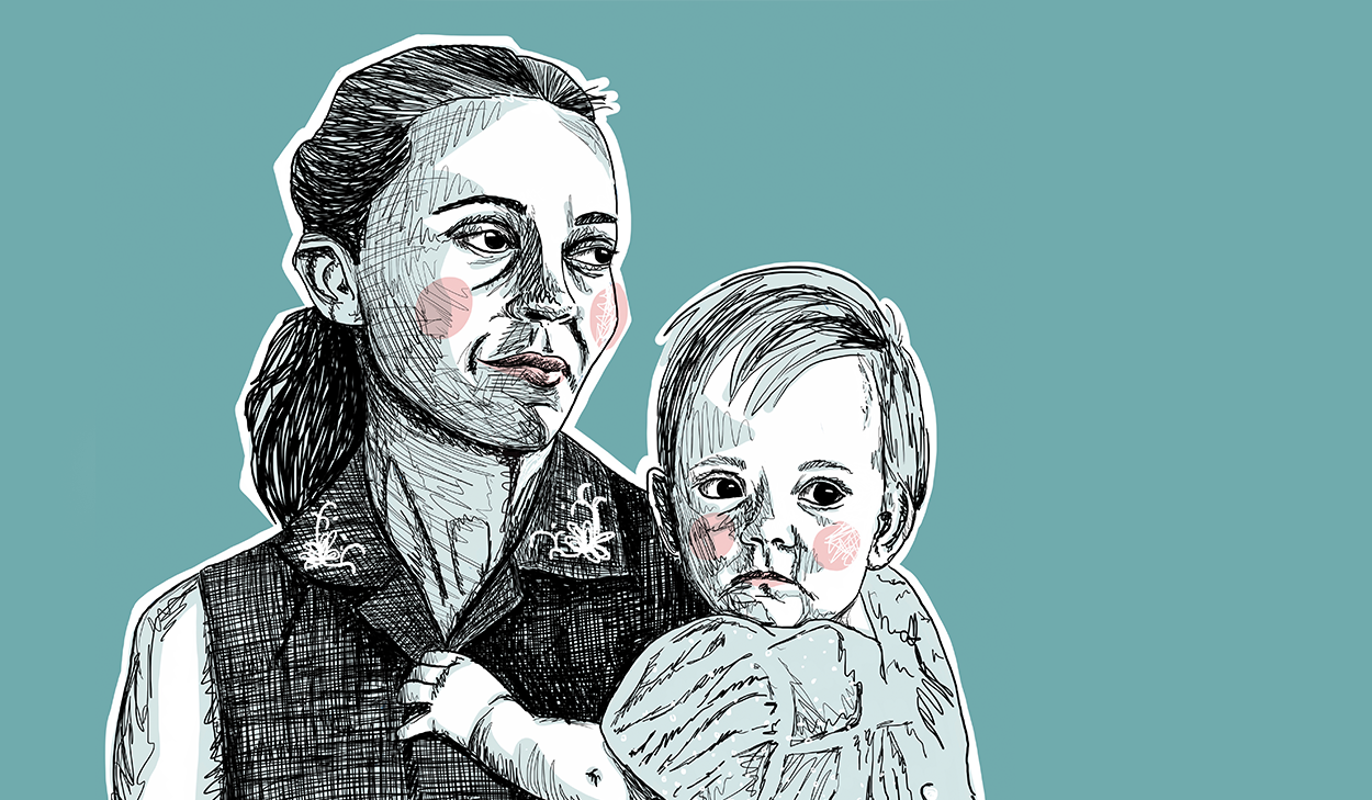 Illustration of a woman with dark hair holding a young child. Both have serious expressions and prominent pink cheeks, set against a teal background.
