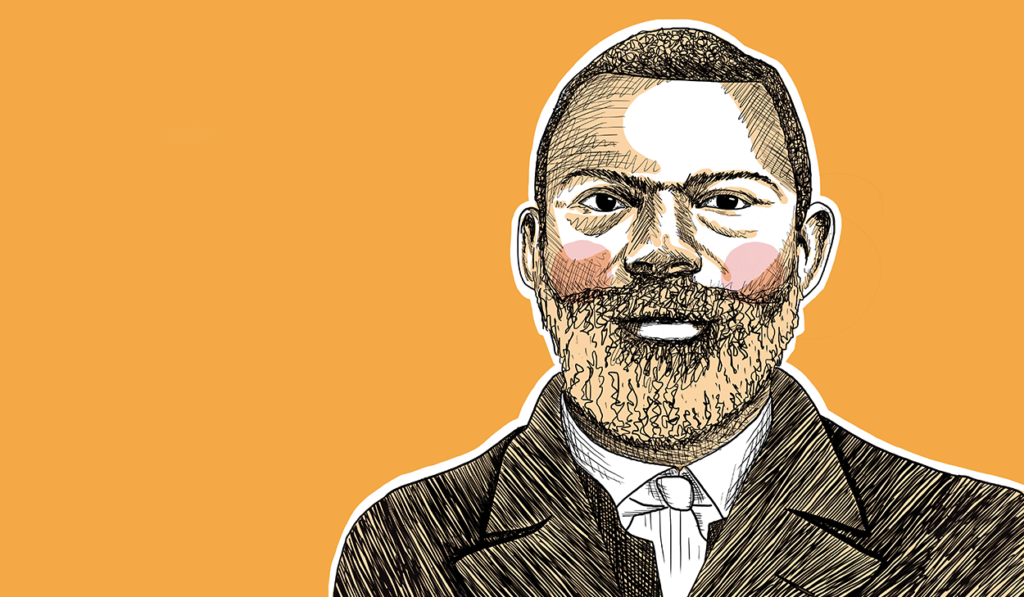 Illustrated portrait of a man with a beard and mustache, wearing a suit and tie, on a solid orange background.