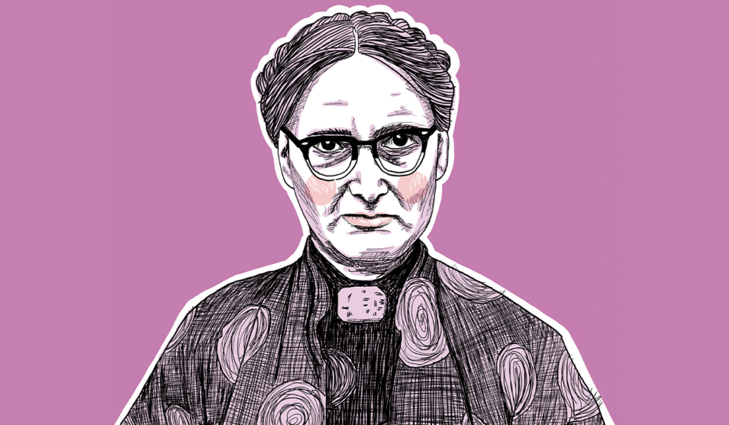 Illustrated portrait of a serious person with glasses, patterned clothing, and a distinctive brooch, set against a solid purple background.