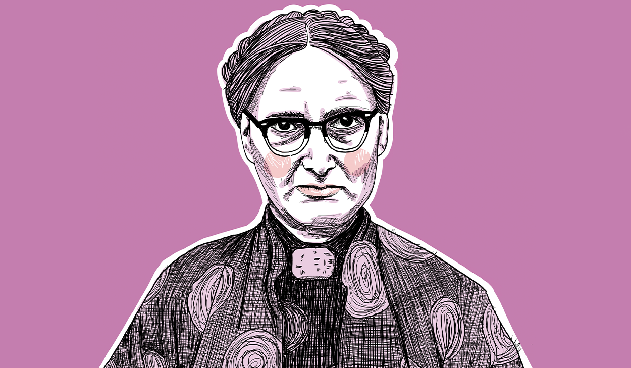 Illustrated portrait of a serious person with glasses, patterned clothing, and a distinctive brooch, set against a solid purple background.