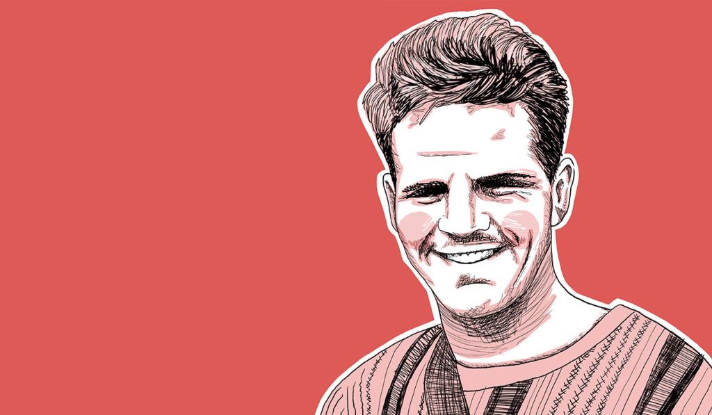 Illustrated portrait of a smiling man with short hair, wearing a striped shirt, set against a solid red background.