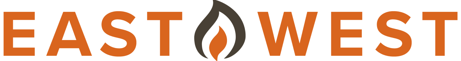 East-West logo: Orange text reading 'East West' with an orange and gray flame between the words.