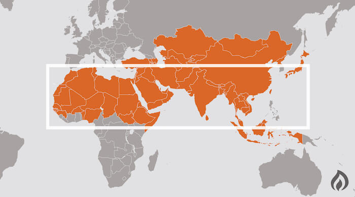 Map showing Africa, Europe, Asia, and Australia with a white rectangle around the northern part of Africa and southern Asia. Most of the countries are colored in gray, but the ones in the rectangle and near it are colored in orange.