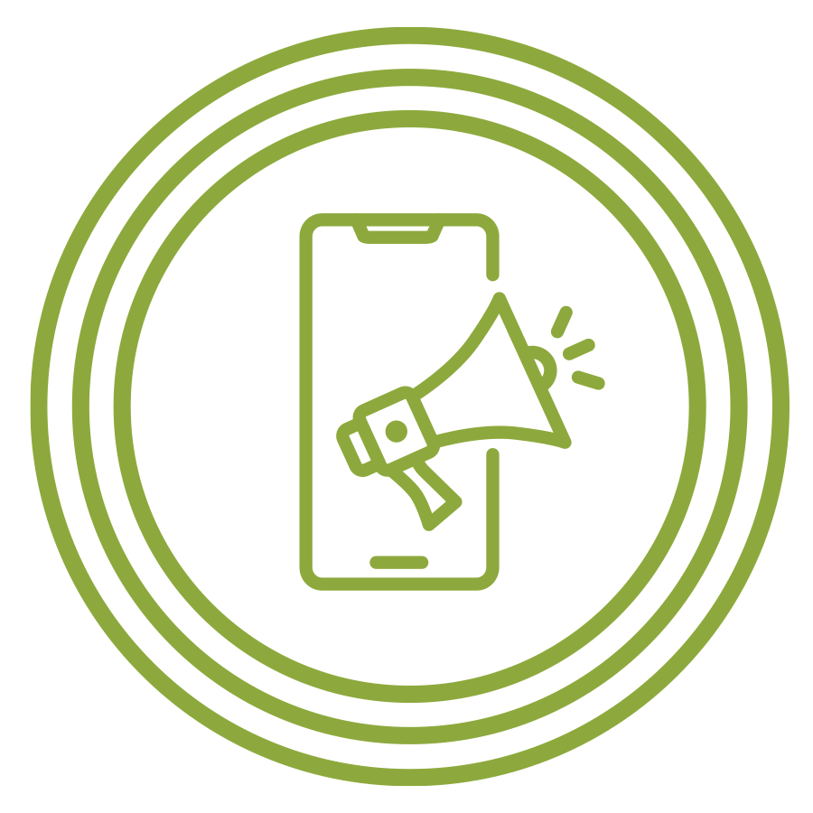 Green icon of a smartphone with a megaphone over it inside three concentric circles.