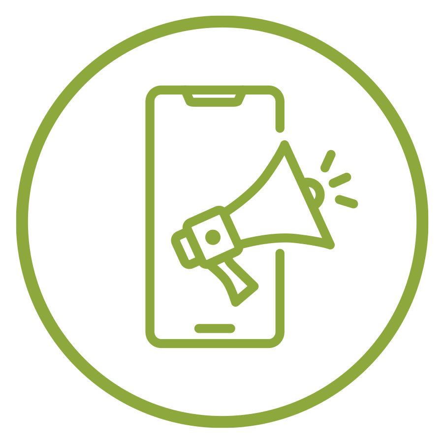 Green icon of a smartphone with a megaphone over it inside a circle.