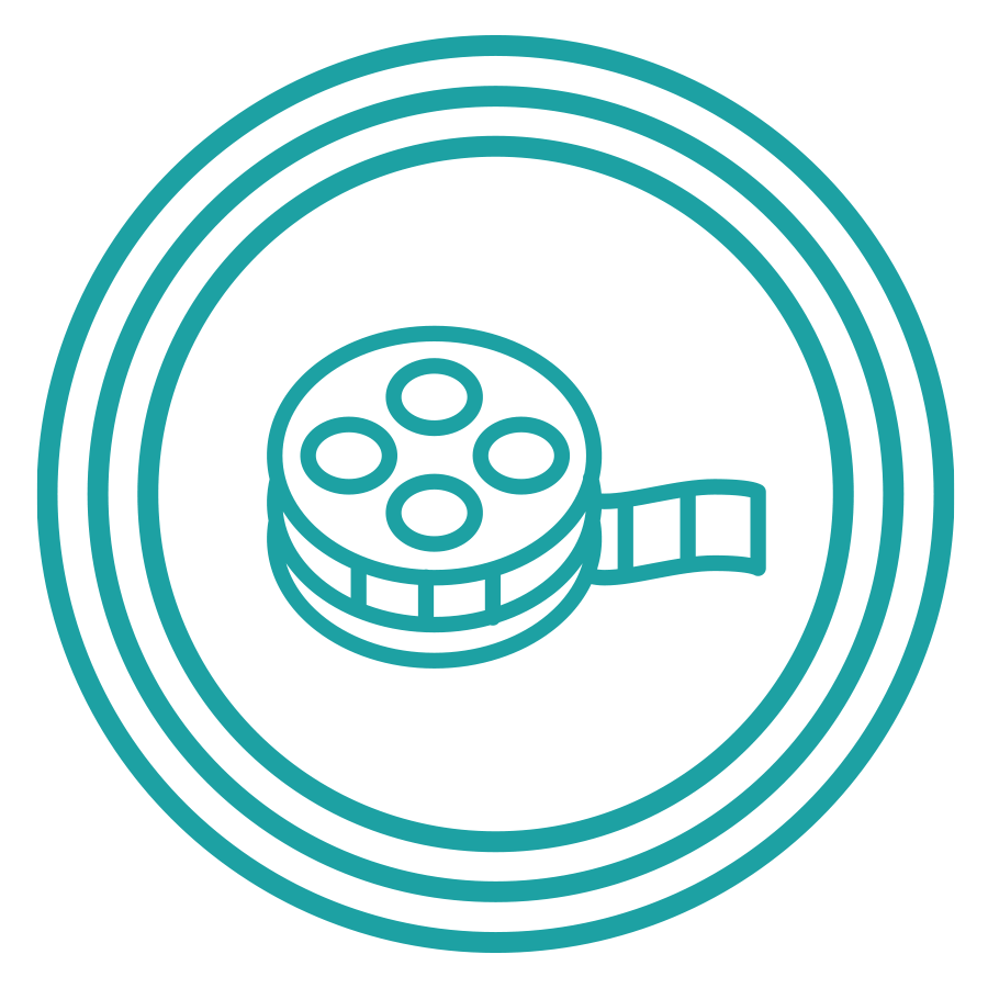 Teal icon of a spool of film inside three concentric circles.