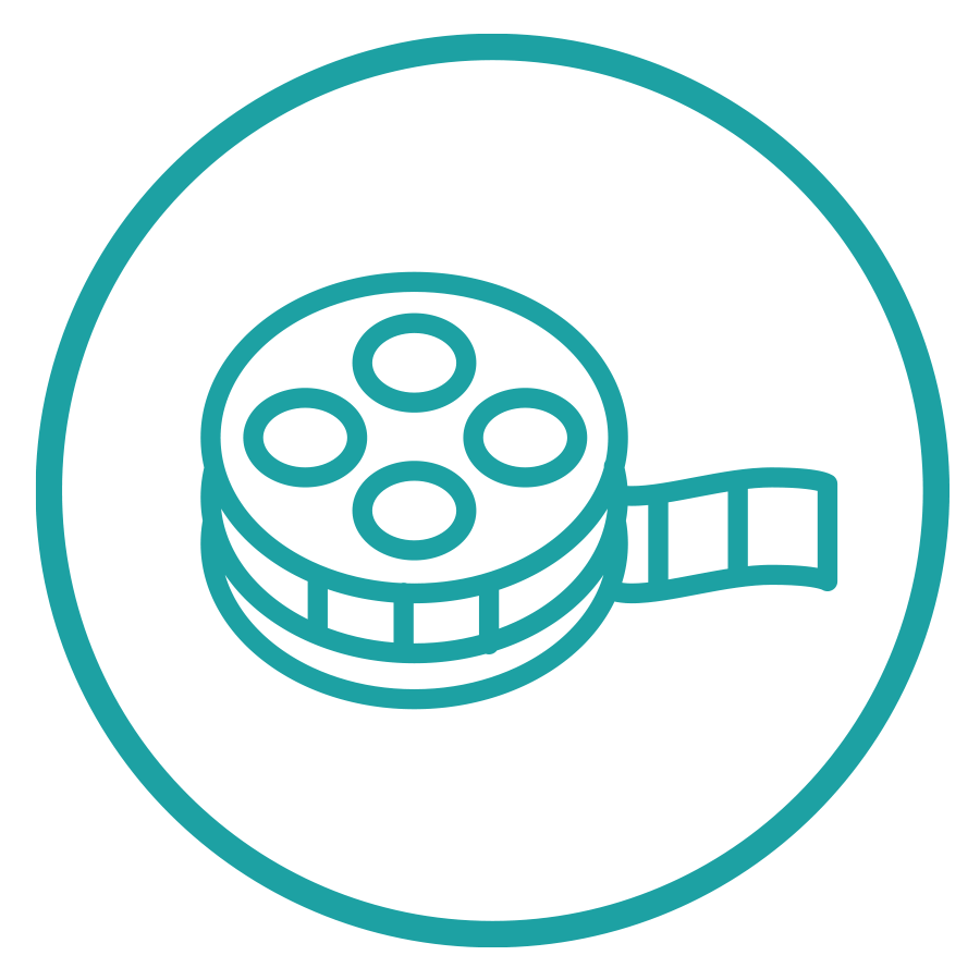 Teal icon of a spool of film inside a circle.