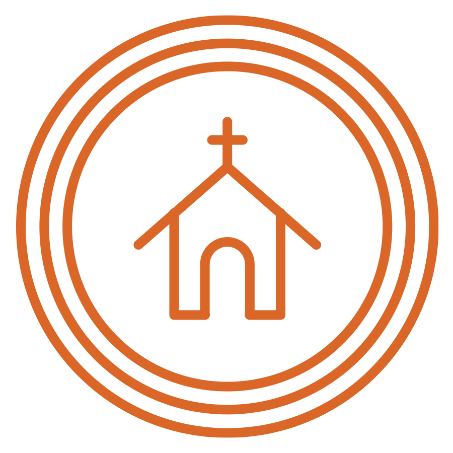 Orange icon of a church inside three concentric circles.