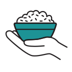 Icon of a hand holding a blue bowl with rice in it.