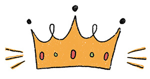 Drawing of a yellow crown with green and red gemstones on it.