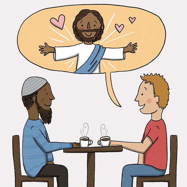 Drawing of two men sitting across a table from one another with cups of coffee in front of them. One of the men has a speech bubble showing an image of Jesus inside it.