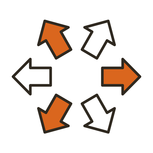 Icon of 6 arrows in orange and white alternating. The arrows are arranged in a circle and are pointing outward.