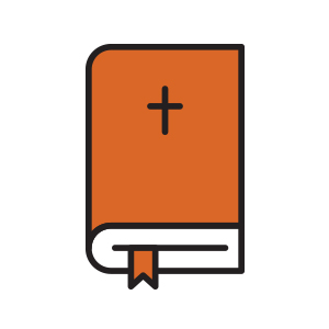 Orange and white icon of a Bible.