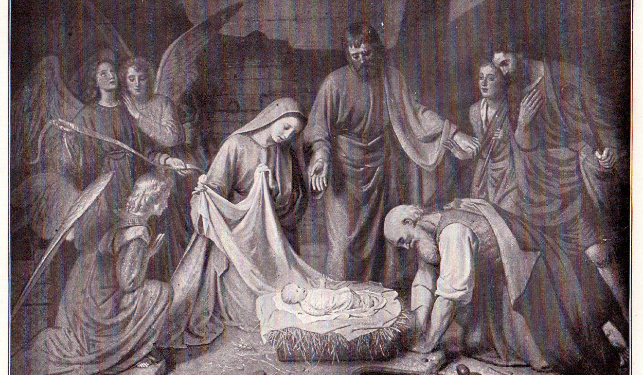Black and white image of people at the manger when Jesus was born.
