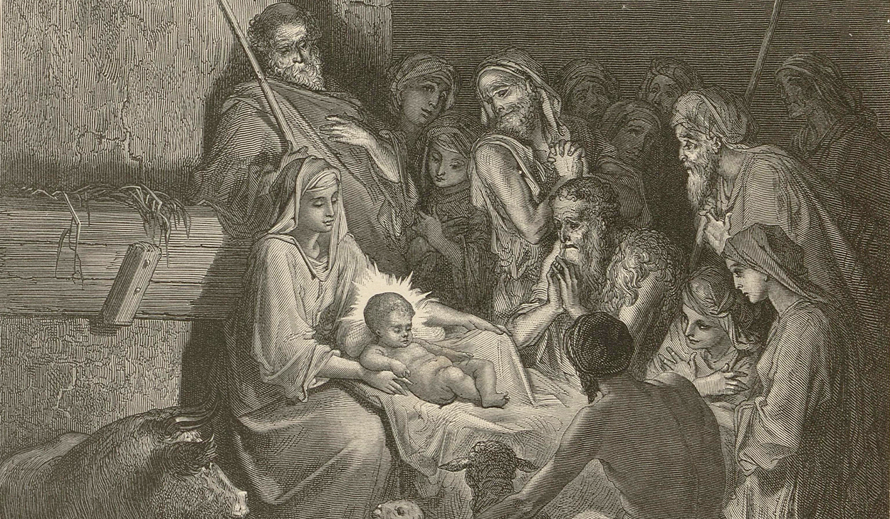 A gathering of people looking at baby Jesus when He was born.