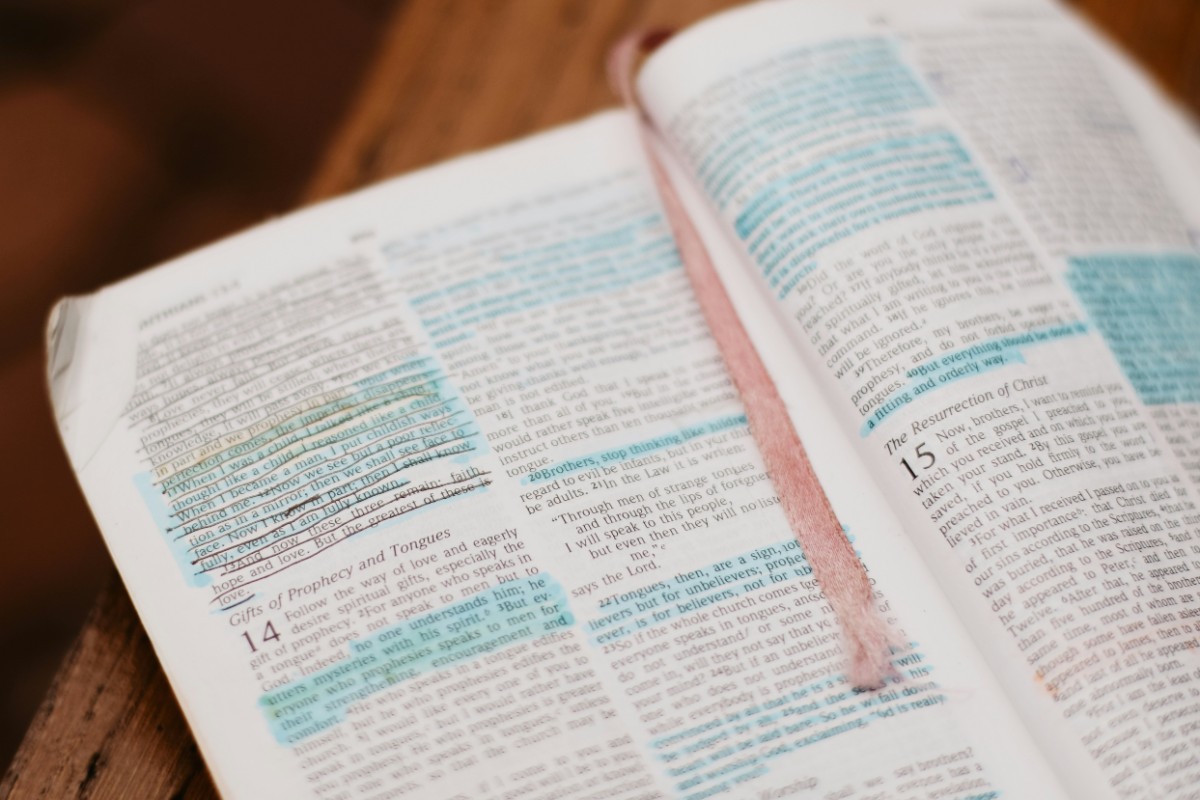 An open book with highlighted text and a pink ribbon bookmark.