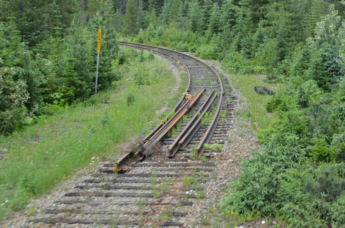Curved train tracks surrounded by greenery, with a section of damaged and twisted metal rails.