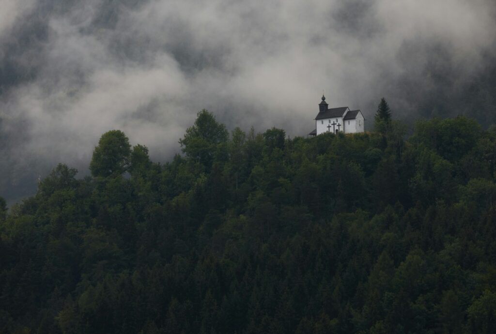 White house on a misty, forested hill with surrounding lush green trees and cloudy sky.