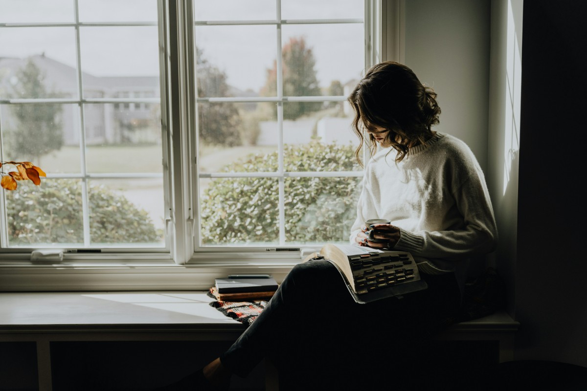 Person sitting by a window, reading a book. Dim natural light illuminates the scene.