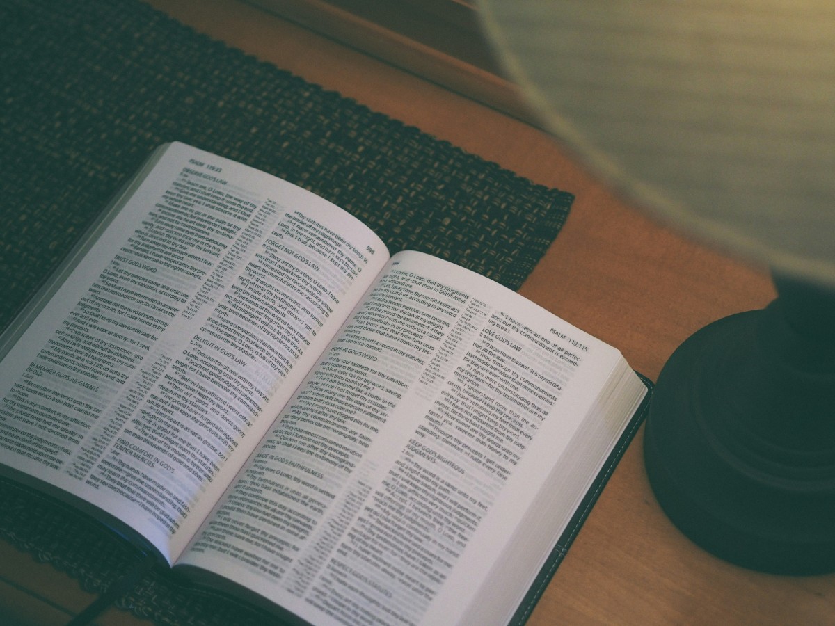 Open book with printed text on a desk, next to a lit table lamp.