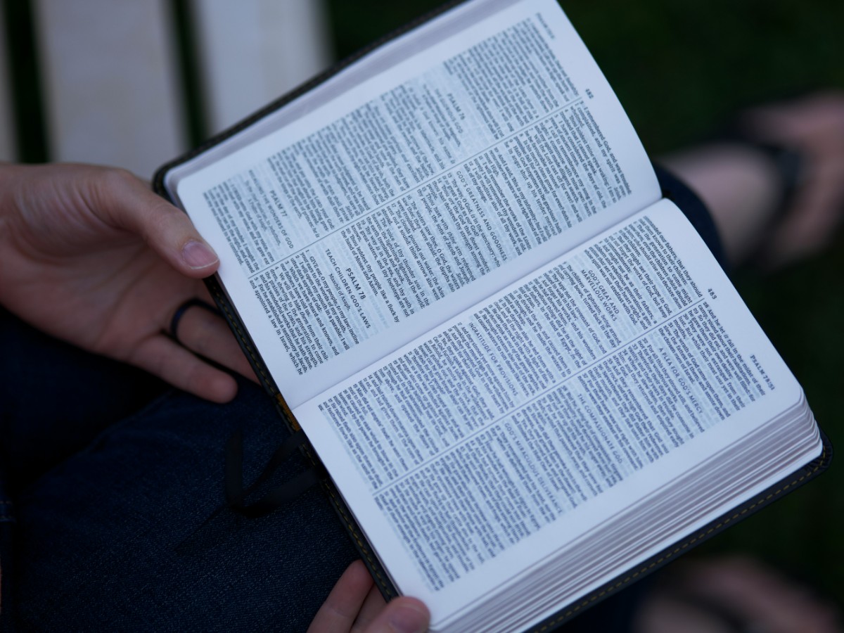 Person holding an open book with text in small print, outdoors.