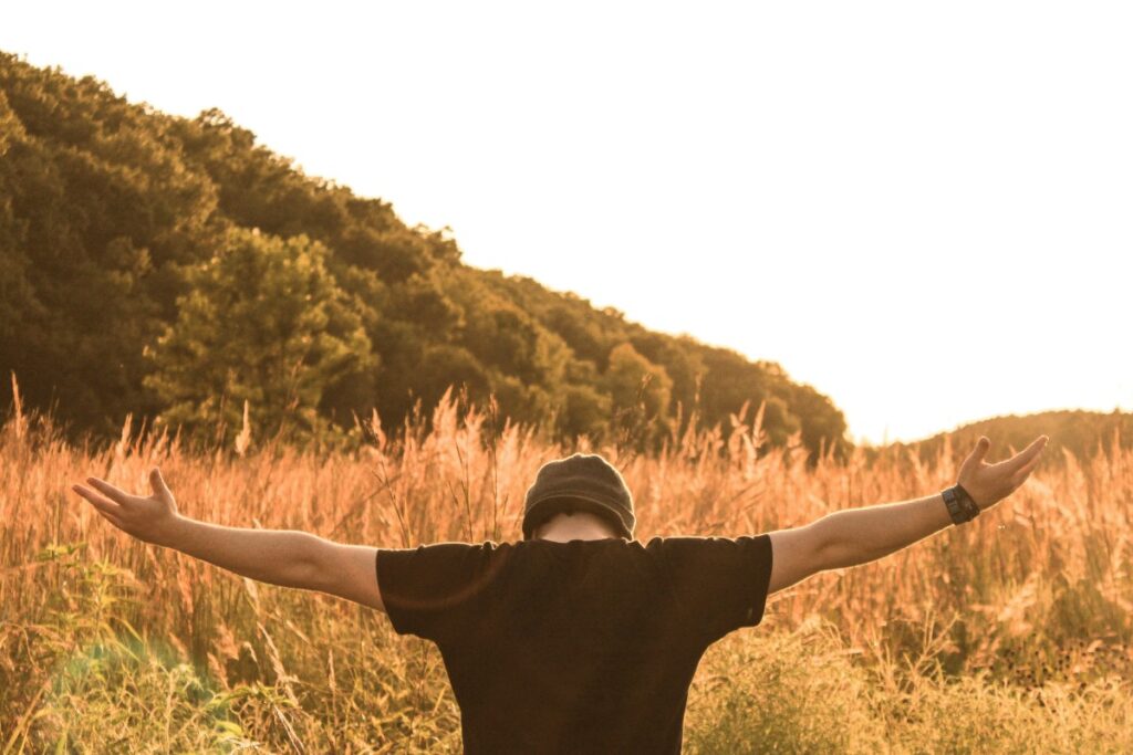 Person with open arms stands in a grassy field, facing away, during sunset.