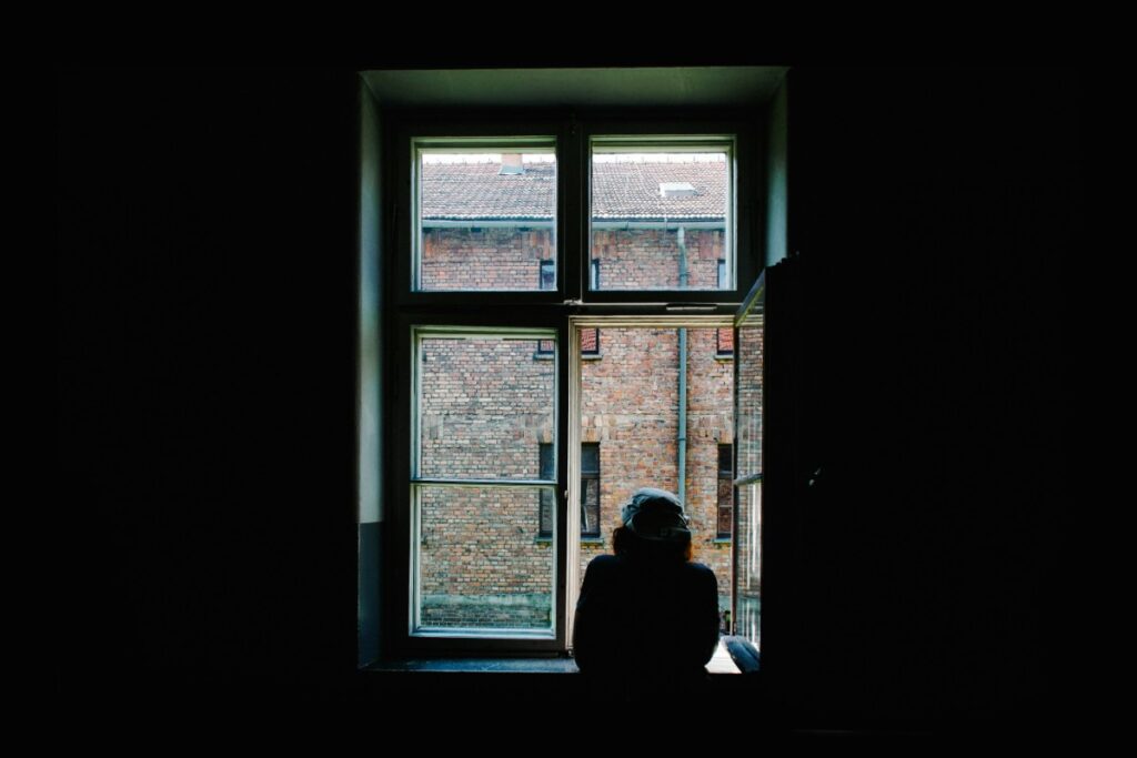 A person sits in shadow near a window, looking outside at a brick building.