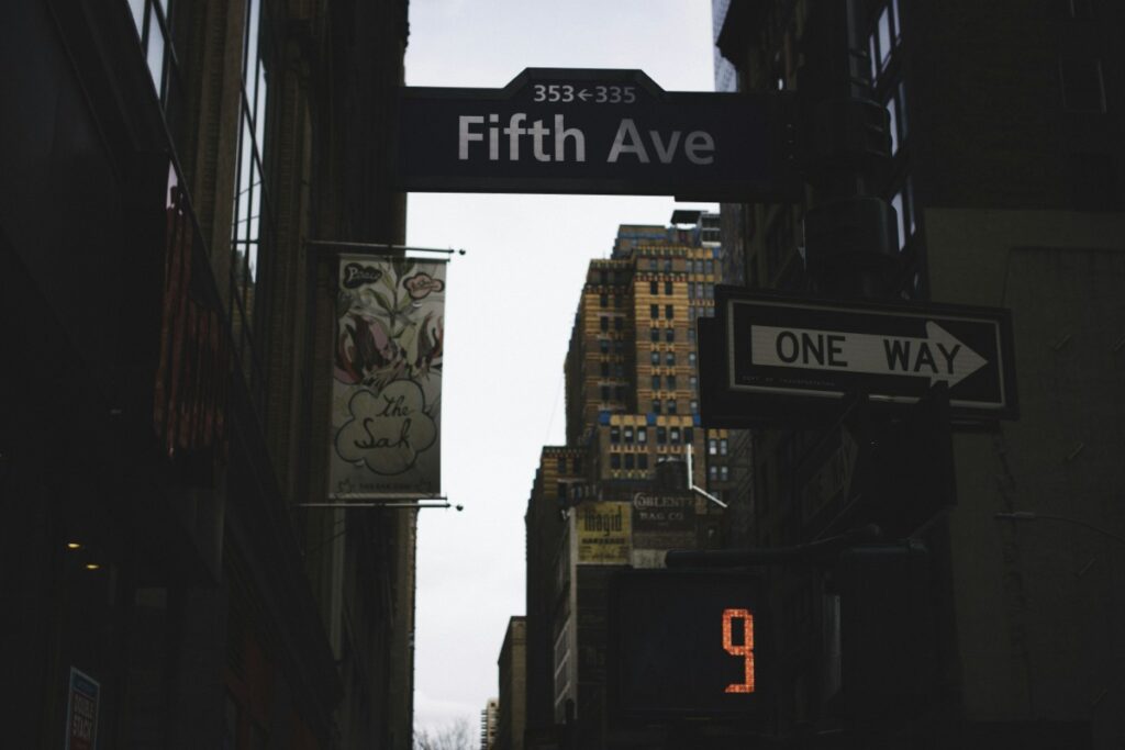 Street view of Fifth Ave with a hanging sign, one-way sign, and a pedestrian countdown showing 9. Buildings in the background.