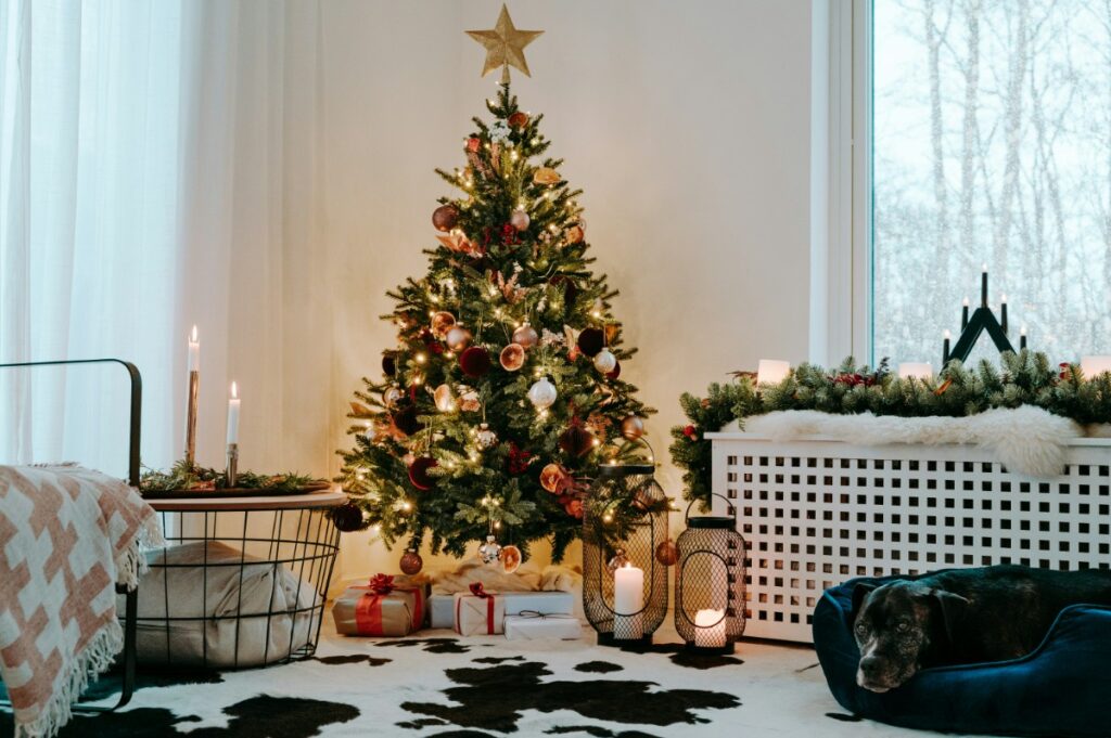 A decorated Christmas tree with lights and ornaments stands in a cozy room with candles and a sleeping dog on a rug.