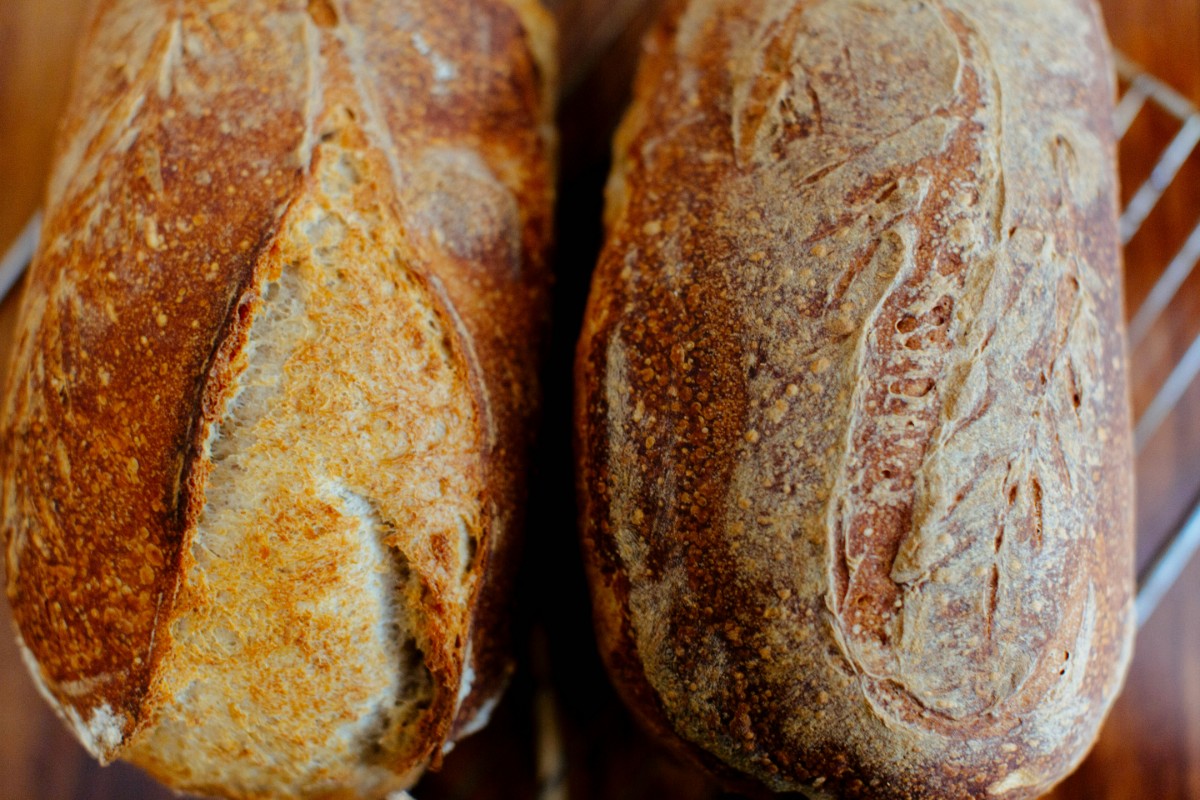 Two loaves of rustic bread with a golden crust, resting on a cooling rack.