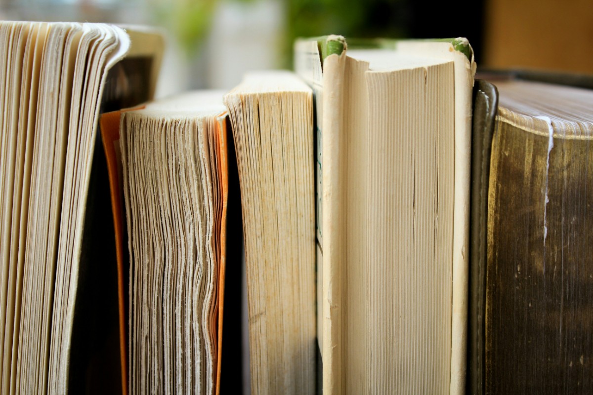 Four thick, worn books are lined up vertically, showing their pages and spines closely together.
