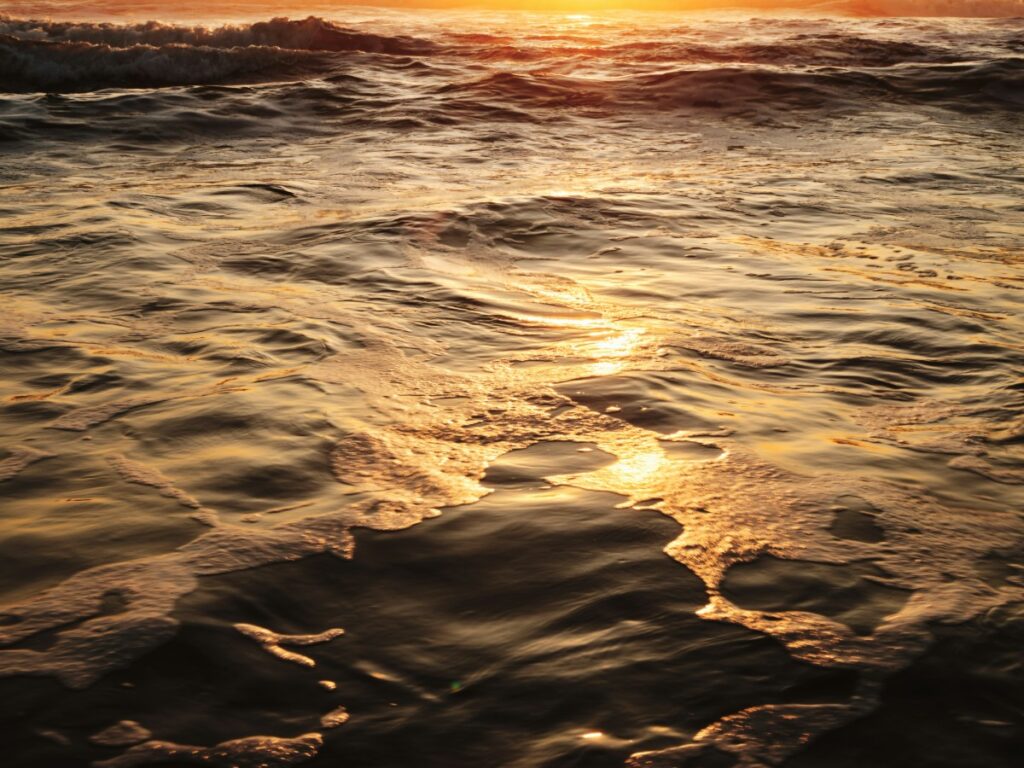 Golden sunlight reflecting on ocean waves at sunset.