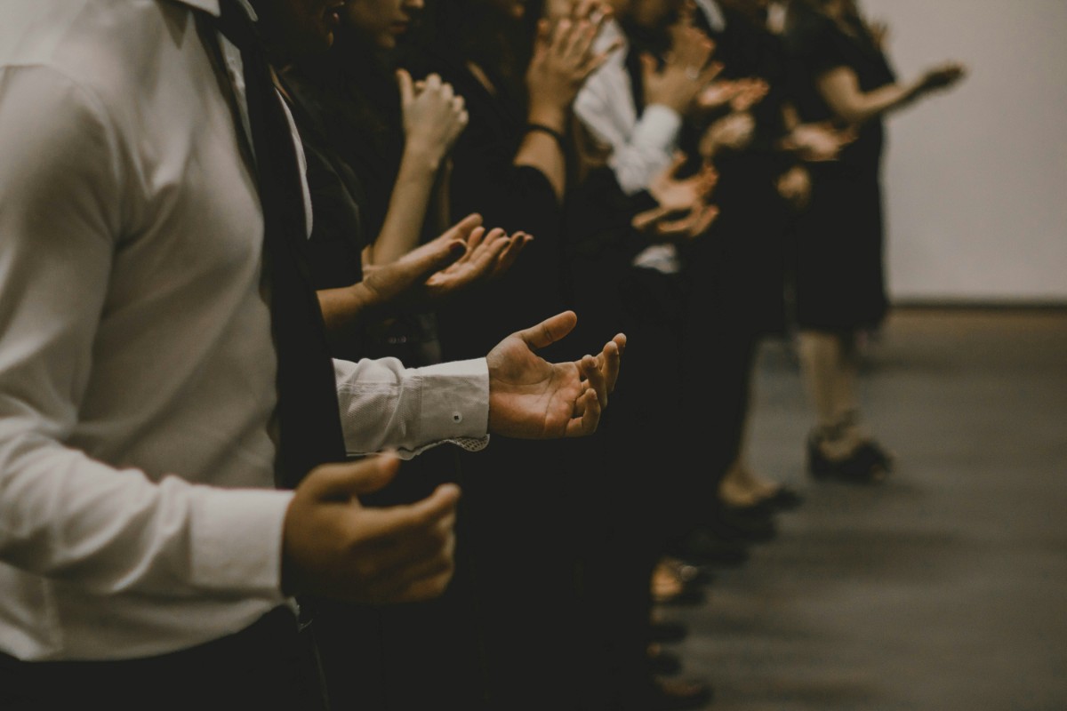 A row of people in formal attire standing with hands raised in a gesture, possibly during a meeting or ceremony.